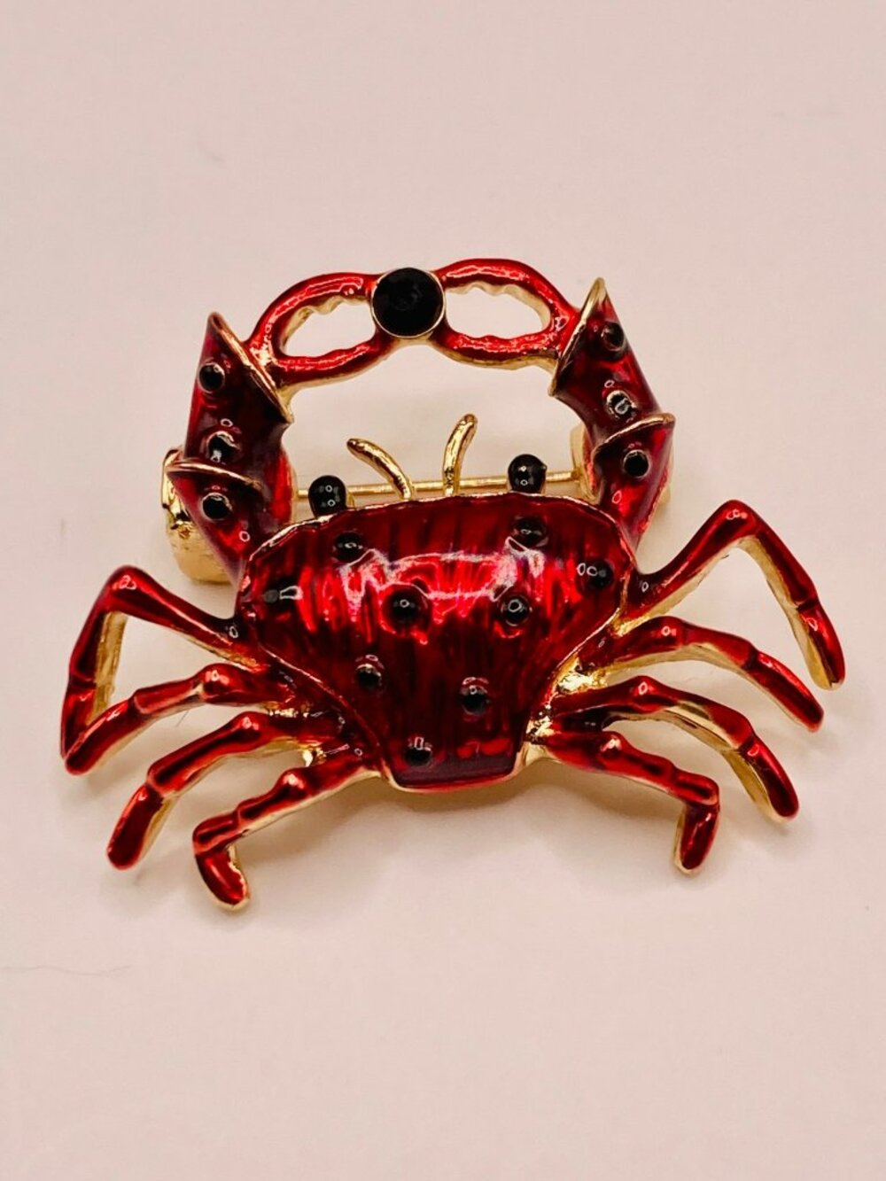 Red & Gold Crab Brooch Pin Black Rhinestone Details -111B